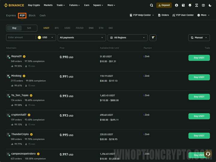 replenishment of deposit via p2p