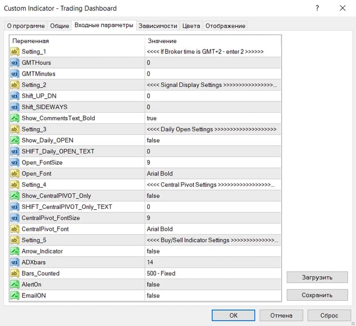 Panel settings window